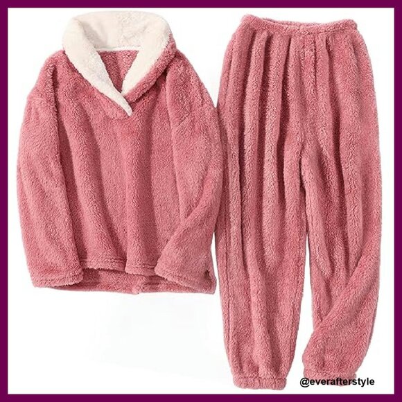 Fuzzy Flannel Pajama Set Cozy Winter Sleepwear Lounge Wear Plush Fleece - Picture 2 of 8